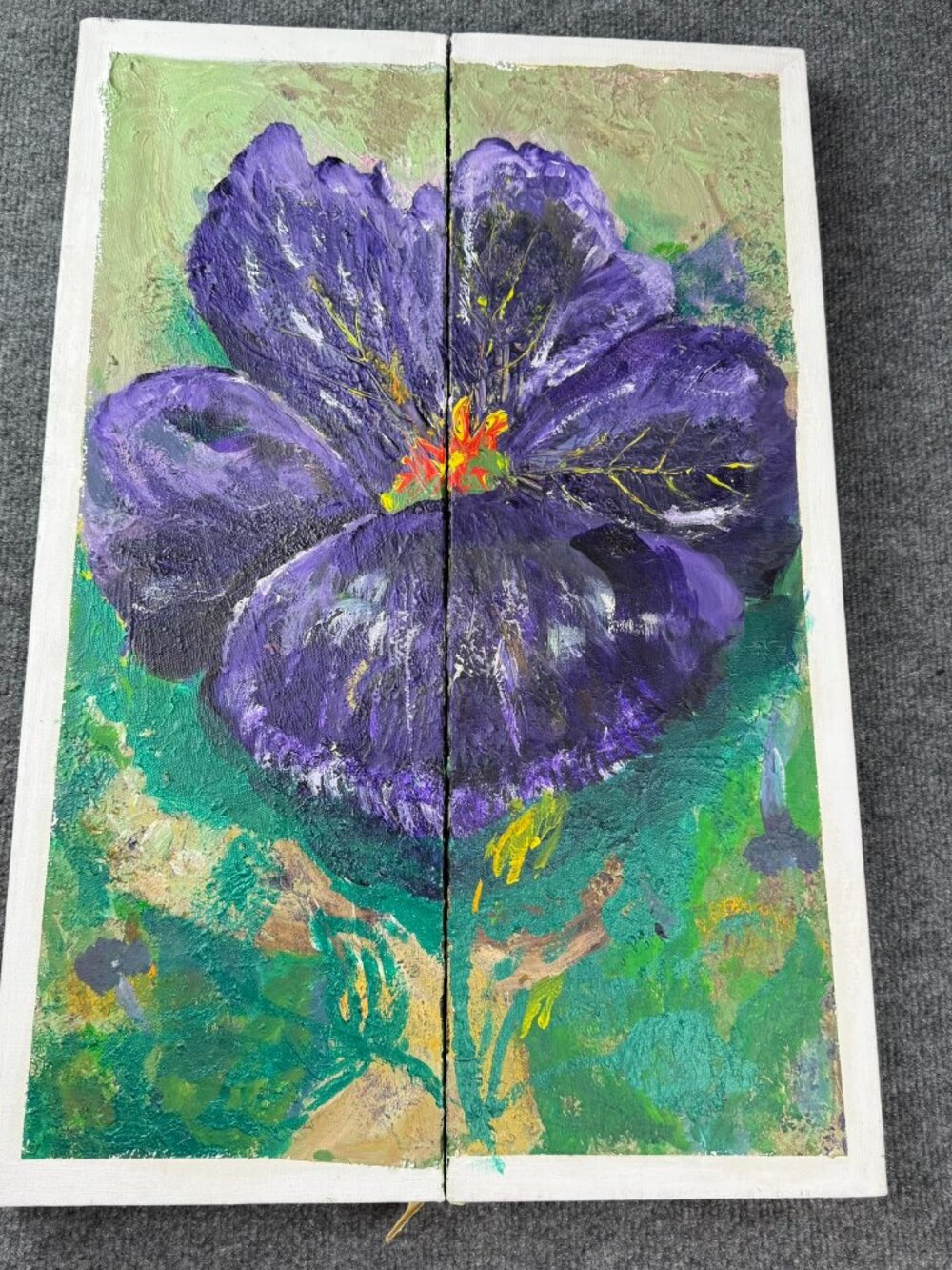 Hand Painted Purple Iris Textured Diptych Canvas Art Set 24" x 14" Home Decor